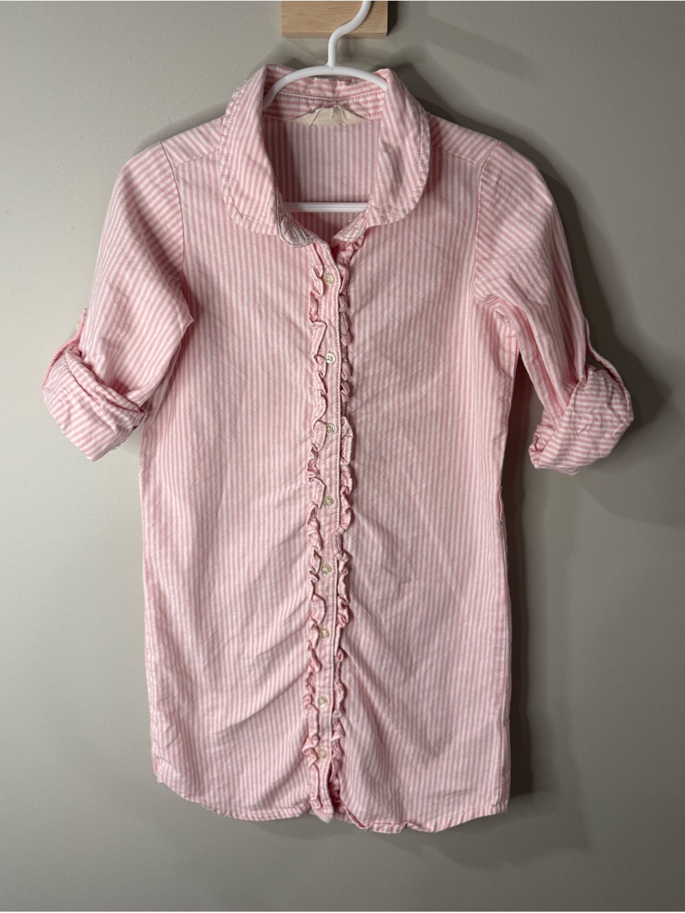 Girls Lands End Size 5 Pink Stripe Ruffle Button-Front Dress